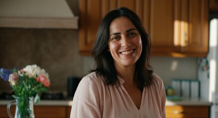 Smiling hispanic adult female in cozy kitchen setting for lifestyle concepts
