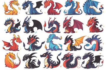 Fototapeta premium Funny dragons doodle set, cartoon dino, graphic dinosaurs isolated, monster animals