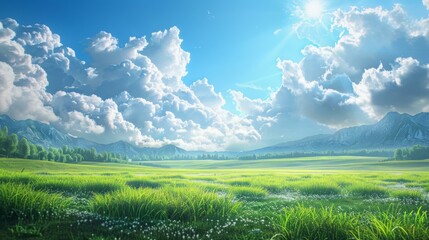 Obraz premium Vast Green Grassland Landscape with White Clouds