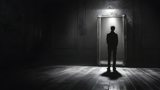 Black and White Image of Man in Suit Standing Before Large Illuminated Vintage Mirror in Dark Room - Powered by Adobe