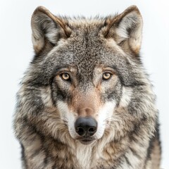 Fototapeta premium Eurasian wolf staring intensely, creating a captivating portrait against a clean white backdrop