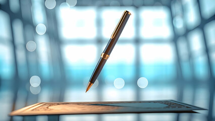 Floating Promotion Certificate and Pen on Soft Bokeh Background - Symbolizing Career Advancement and Personal Achievements