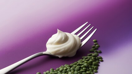 Soy yogurt on a fork with a backdrop of violet and lentils