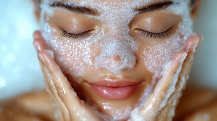 A close-up of a woman with a foamy facial treatment, emphasizing skincare and relaxation.