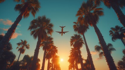An airplane flying among palm trees against a sunset sky background