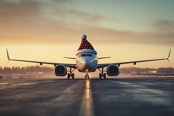 An airplane with a Christmas hat on the airport runway, a real photograph