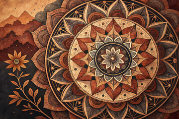Obraz premium Intricate geometric mandala pattern featuring ornate circles in dark sienna and earth tones, evoking sense of harmony and balance in design
