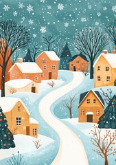 Cute, pastel, cozy winter illustration with houses, trees, and a road, in the style of a clipart design