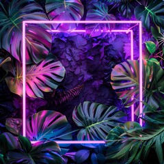Neon light frame with tropical leaves, laser border, shiny night banner, led design