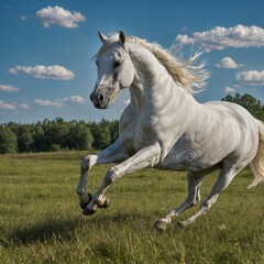 Obraz premium A majestic white horse galloping across a grassy meadow under a bright blue sky.