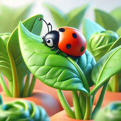 3D Macro of ladybug on a leaf in a vegetable garden concept as Close up of a ladybug perched on a leaf within a vegetable garden symbolizing natural pest control and its role in sustainable food secur
