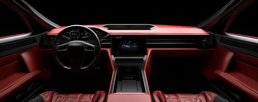 Electric cars electricity autonomous concept. Sleek modern car interior with red leather seats and high-tech dashboard.