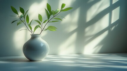 Elegant Minimalist Vase with Green Leaves Casting Shadows on a Softly Lit Surface, Perfect for Home Decor and Lifestyle Imagery