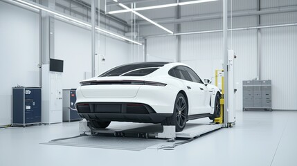Electric cars electricity autonomous concept. A sleek white car is elevated in a modern automotive workshop with bright lighting.
