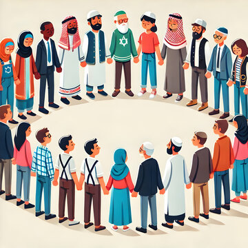 Diverse Faiths in Prayer Circle Vector Illustration - Unity and Respect in Spiritual Community, Ample Copy Space