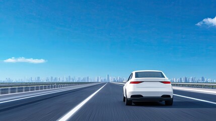 Electric cars electricity autonomous concept. A white car drives on a clear highway under a blue sky with distant city skyline.