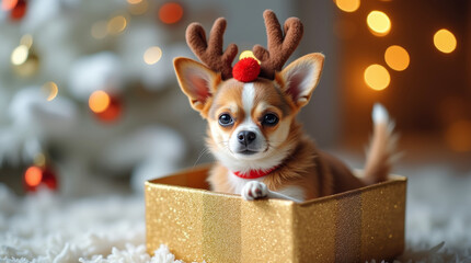 Chihuahua wearing reindeer costume