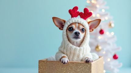 Chihuahua wearing reindeer costume