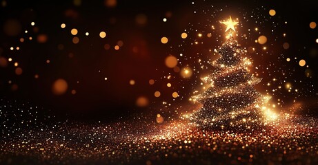 Obraz premium Red background with a golden Christmas tree made of glowing particles and glitter on a blurred