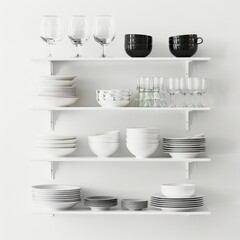 Dishware set in white shelving unit, tableware shelf, kitchen interior, clean white mugs, plates, glass tableware