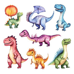Fototapeta premium Adorable Watercolor Dinosaurs Collection: Seven Charming Prehistoric Creatures in Vibrant Hues