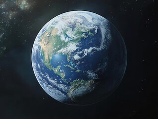 Earth rotates in space with stars, cosmic view. Global, planet, astronomy, universe, solar system.