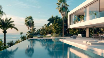 Luxury modern white house with large windows overlooking a Mediterian landscaped garden with palm trees and blue swimming pool. High tech style villa. Vacation home or hotel. Modern loft design.