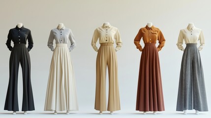 Set of women's on mannequins, white background, beige and black