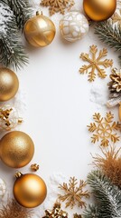 Fototapeta premium White background with gold Christmas decorations, including golden snowflakes and ornaments