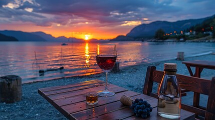 Fototapeta premium Wine and sunset view.
