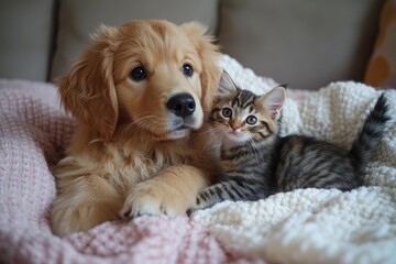 Obraz premium Golden retriever puppy cuddles with a playful kitten