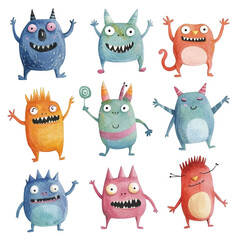 Obraz premium Nine Cute Watercolor Monsters Collection