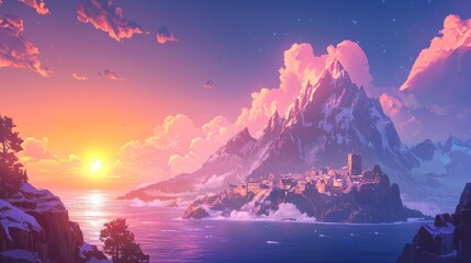 Fototapeta premium Fantasy landscape with glowing pink and orange skies