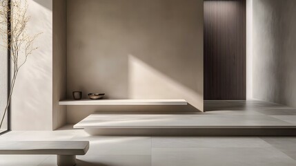 Fototapeta premium Minimalist Interior Design with White Bench and Shelf
