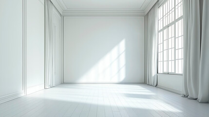 Fototapeta premium Empty white space room with wooden floor and natural light from a big window. Empty white showroom studio for showcasing products. Blank copy space mockup for designers.