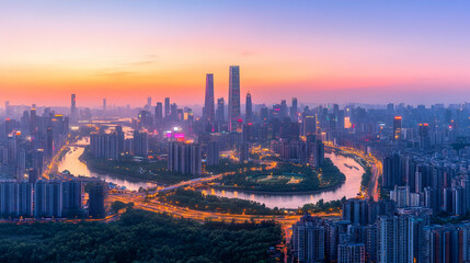 Fototapeta premium Panoramic sunset cityscape view with river.