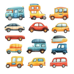Collection of Cute Cartoon Vehicles:  A Whimsical Watercolor Illustration of Diverse Cars, Vans, and Buses Perfect for Children's Books or Fun Designs