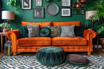 Orange Velvet Sofa Decorated With Green Pillows and Accessories