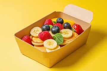 Mini Pancakes with Fruits in Eco Box - Flat Design Illustration