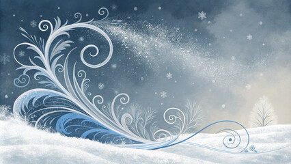 serene winter landscape featuring soft blue and white snow drifts, elegantly swirling with intricate floral patterns. scene evokes peaceful, frosty atmosphere