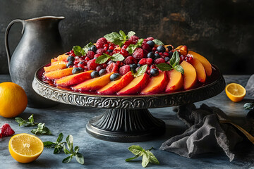 Peach and berry dessert on a cake stand.