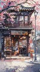 Obraz premium A beautiful Japanese-style cafe with cherry blossoms