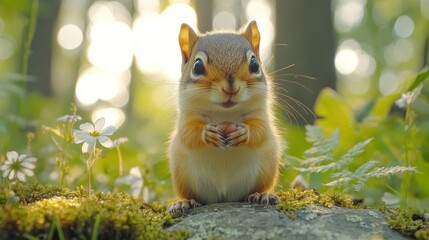Cute squirrel posing on a mossy log in nature