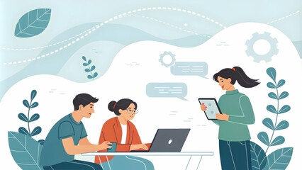 Startup Team Collaborating on Mobile App Development with Laptops and Tablets, Abstract Background, Copy Space for Text or Branding