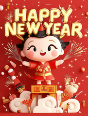 Fototapeta premium Happy New Year festive illustration featuring cheerful character in traditional attire, surrounded by fireworks and decorations, celebrating Chinese New Year with vibrant red tones