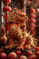 Fototapeta premium A golden lion statue with red lanterns and falling leaves.