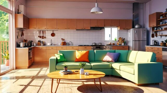 Video footage of modern kitchen and living room with a green sofa, colorful pillows, wooden cabinets, and a round coffee table, bathed in natural sunlight from large windows
