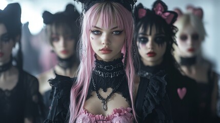 Fototapeta premium Group of women in Gothic attire with dramatic expressions