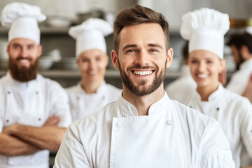 Group of professional chefs smiling together in a restaurant kitchen