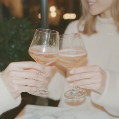 Two champagne glasses being toasted at a festive gathering